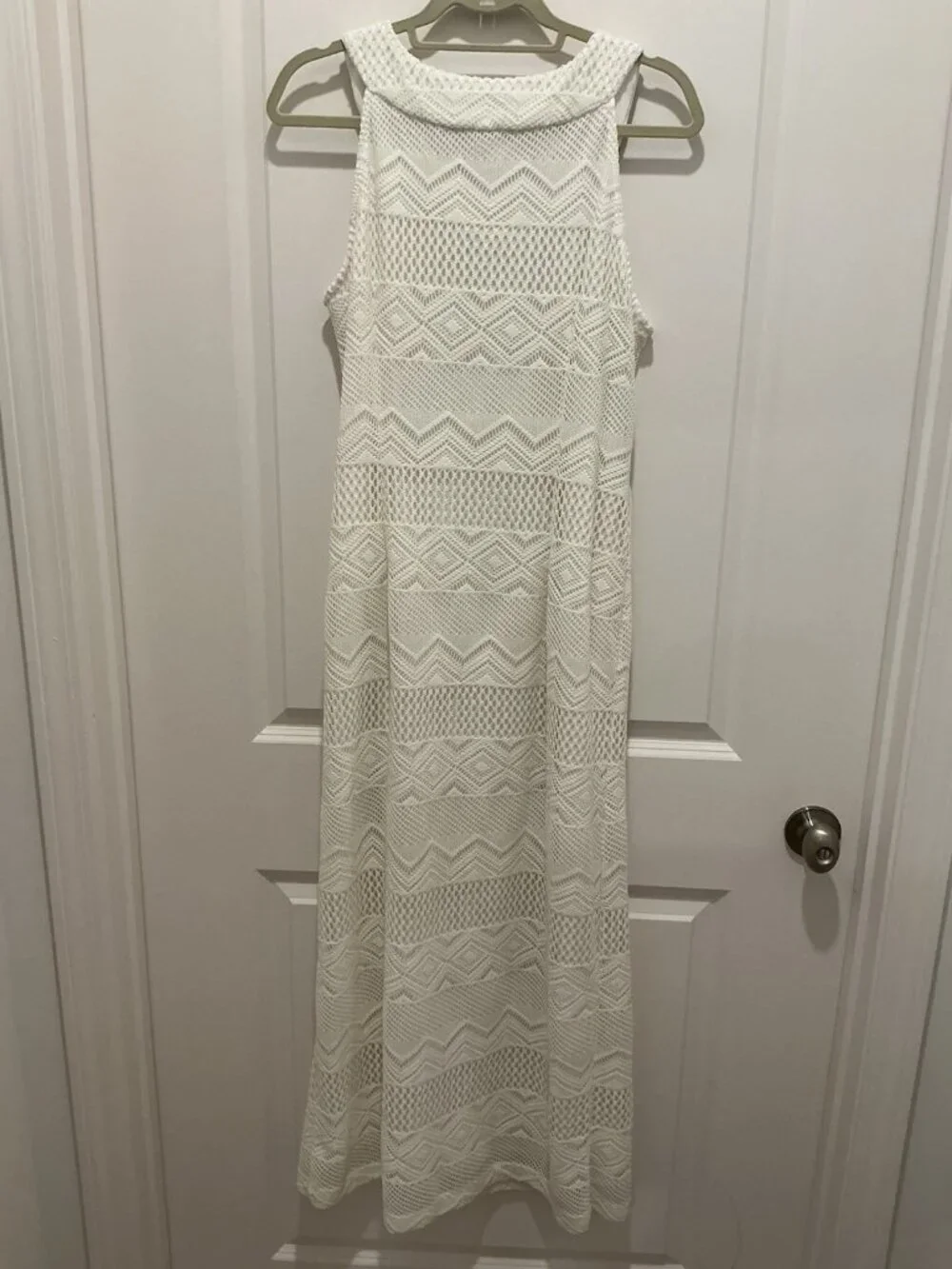 Sandra Darren Maxi Dress See Measurements Off White Beaded Neck Line Lace Lined - Picture 7 of 14